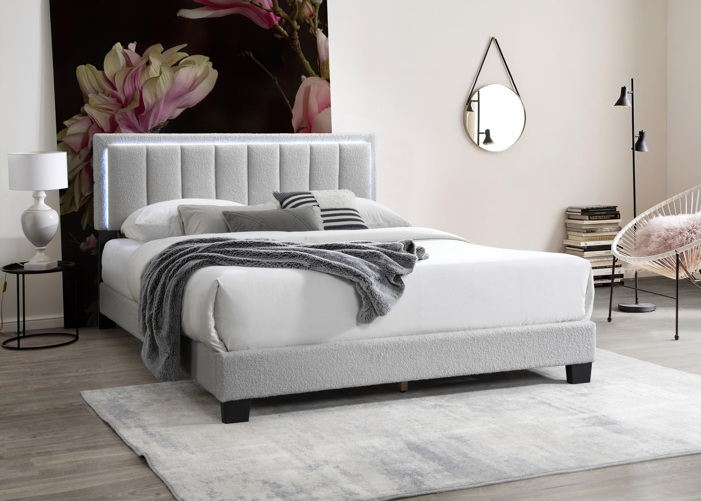 Light Gray Wool Fabric 1pc Queen Size Bed Channel Tufting w LED Full Upholstered Bedframe Bedroom Bed