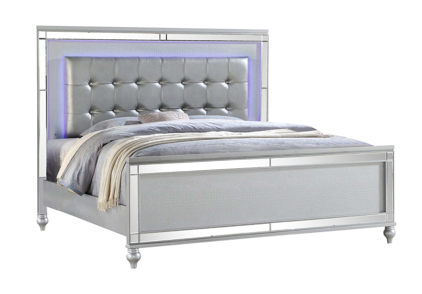 Conjunto de dormitorio completo de 4 piezas con luces LED fabricado con madera en color plata