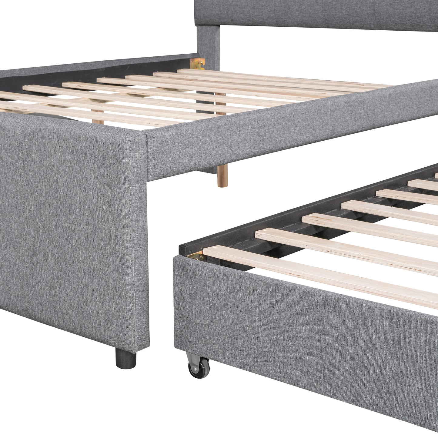 Full Size Upholstered Platform Bed with Pull-out Twin Size Trundle and 3 Drawers, Gray