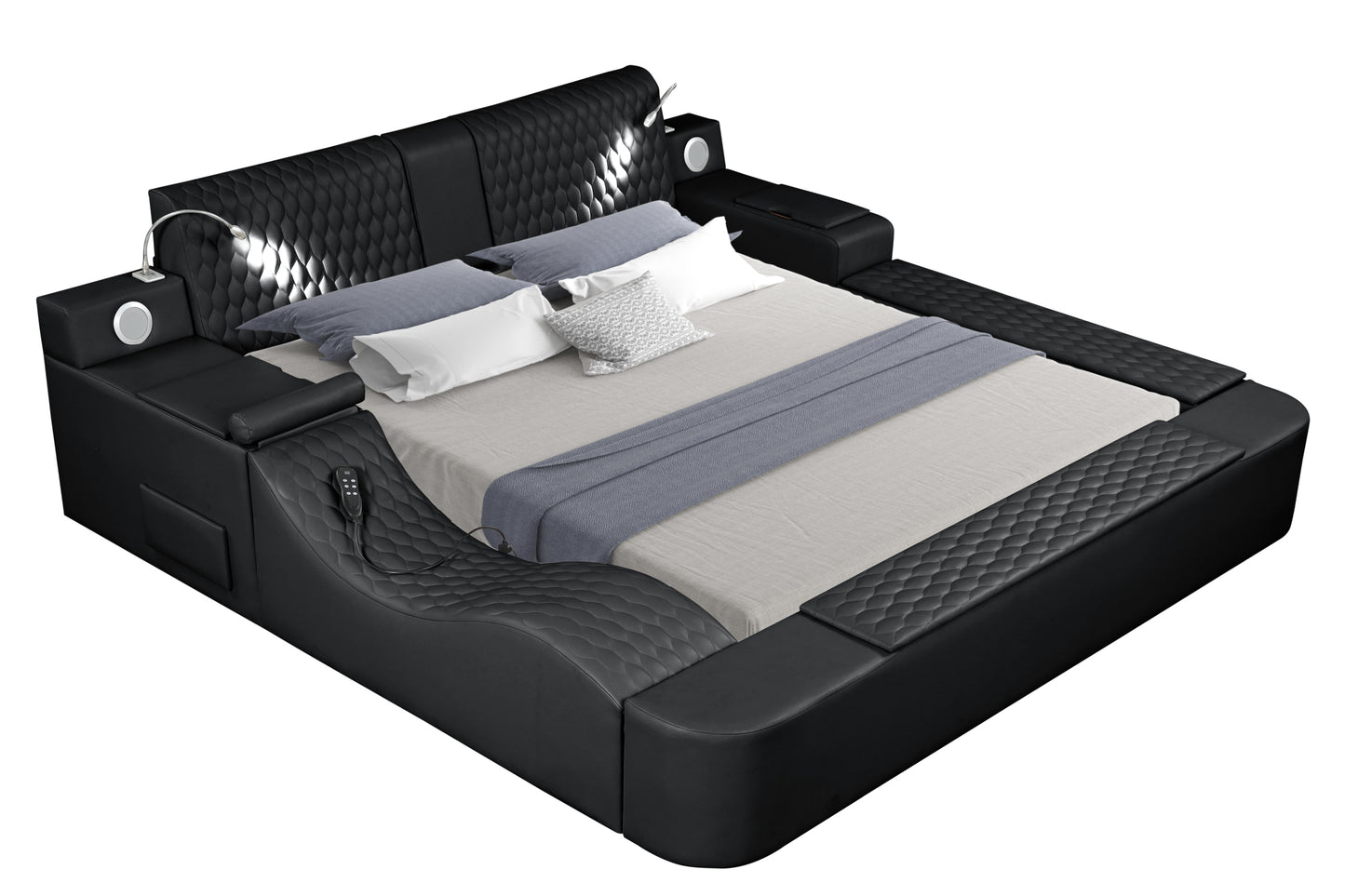 Smart Multifunctional King Size Bed Made with Wood in Black