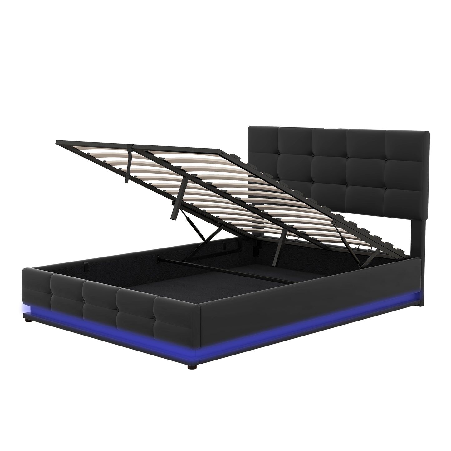 Full Size Tufted Upholstered Platform Bed with Hydraulic Storage System,PU Storage Bed with LED Lights and USB charger, Black