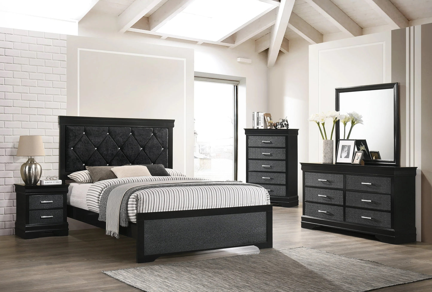 Modern 1pc Black Finish Full Size Panel Bed Wooden Fabric Upholstered Headboard Crystal-Like Button Tufted Fabric Bedroom Furniture