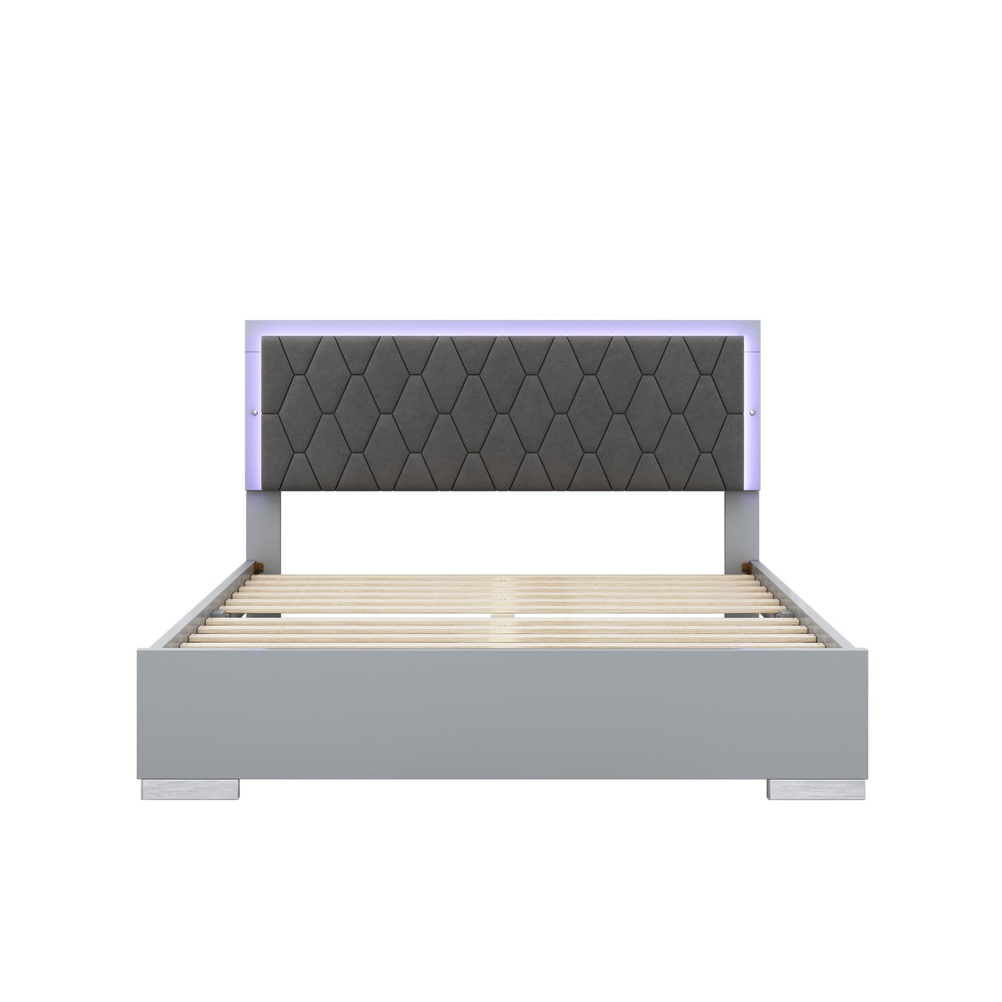 Queen Size Upholstered Bed with LED Lights,Modern Platform Bed with Velvet Headboard,Grey