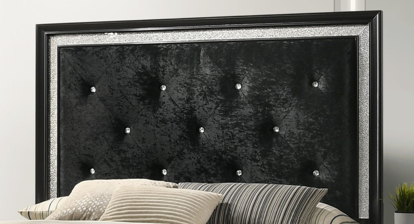 Modern Glam Style Black Finish Upholstered 1pc Full Size Panel Bed Diamond Patterned Faux-crystal Button Tufted Solid Wood Wooden Bedroom Furniture