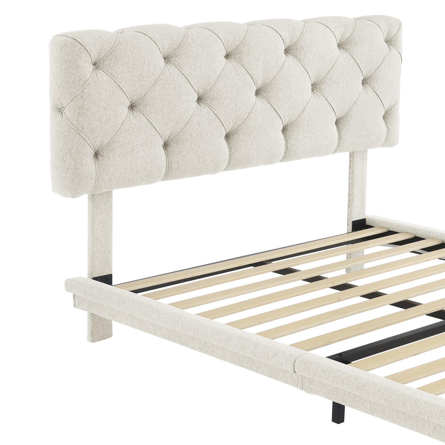 Lit rembourré pleine grandeur avec rayures claires, lit plateforme flottant, tissu en lin, beige