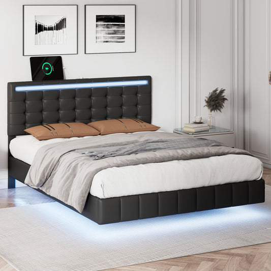 Full Size Floating Bed Frame with LED Lights and USB Charging,Modern Upholstered Platform LED Bed Frame,Black(Full)