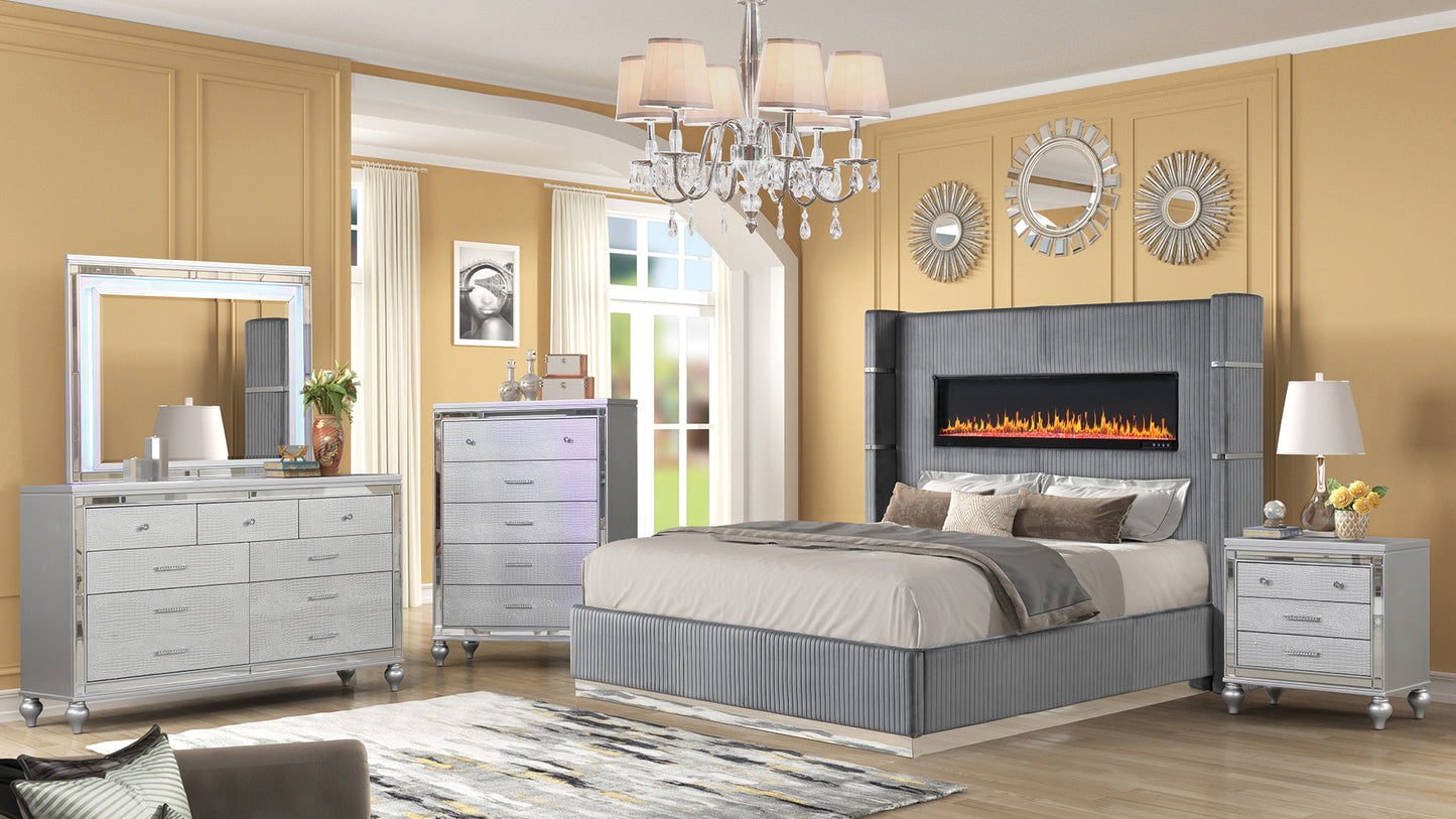 Ensemble de chambre à coucher King 5 pièces en bois rembourré avec éclairage d'ambiance en finition velours gris