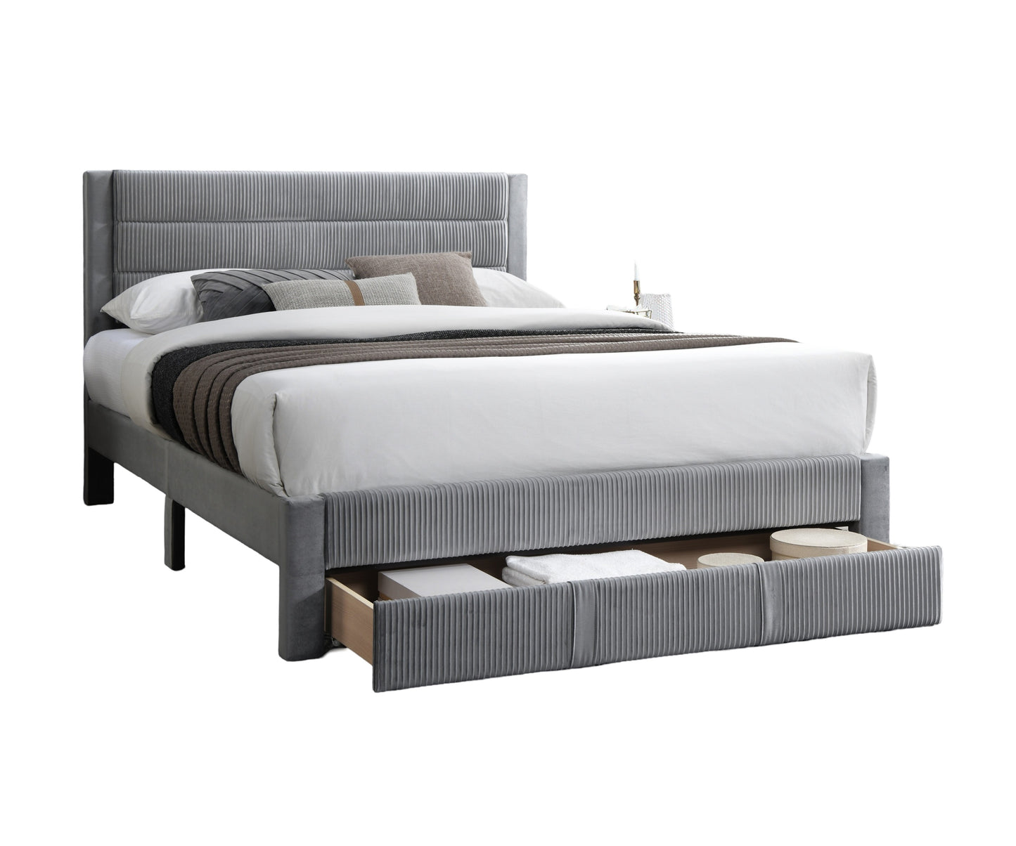 Luxury Contemporary Look 1pc Queen Size Bed w Storage Drawer Gray Corduroy Headboard Bedframe