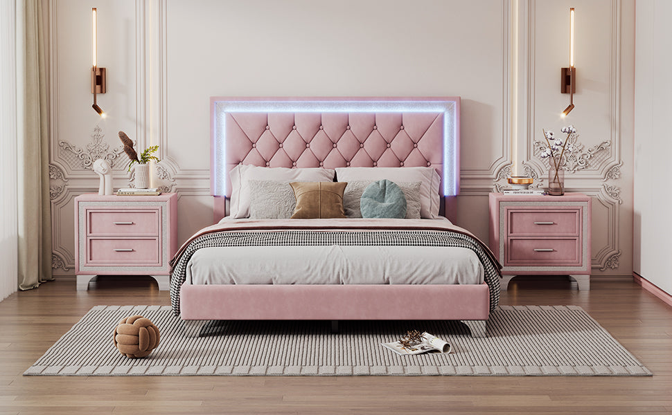 Full Size Upholstered Bed Frame with LED Lights,Modern Velvet Platform Bed with Tufted Headboard,Pink