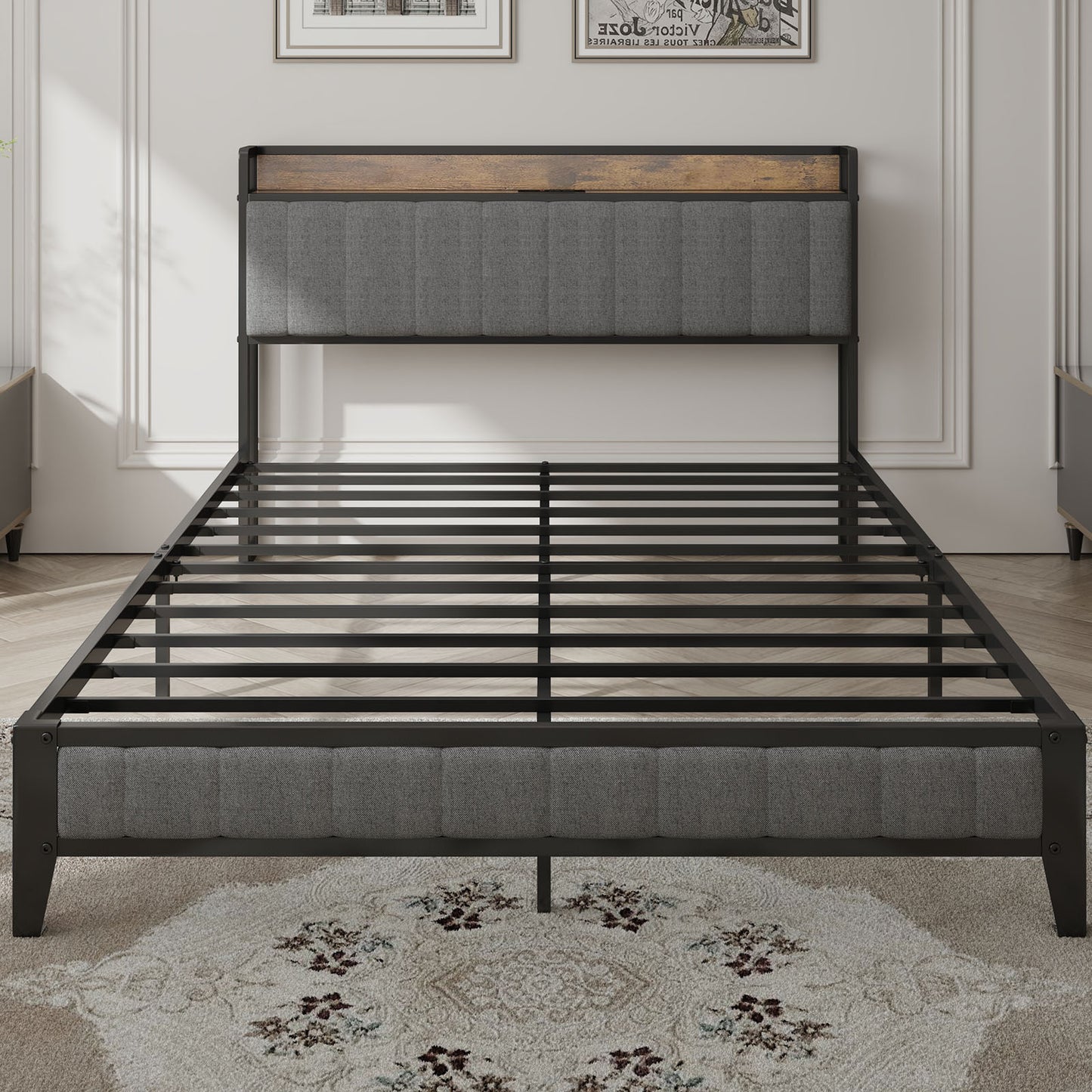 Queen Size Bed Frame with Charging Station, Upholstered Headboard, Metal Platform, Grey