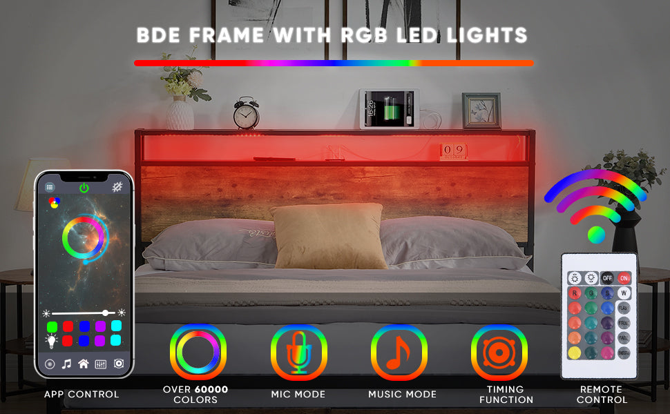 Cadre de lit Queen Size avec tête de lit de rangement et 2 tiroirs, lit à lumières LED avec station de charge, lit plateforme en métal sans bruit, sommier à lattes métalliques solides, aucun sommier nécessaire