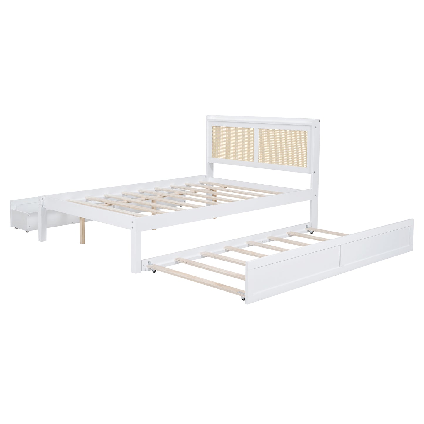 Full Size Elegant Bed Frame with Rattan Headboard and Sockets ,White