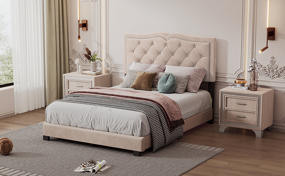 Full Size Upholstered Bed Frame with Rivet Design, Modern Velvet Platform Bed with Tufted Headboard,Beige