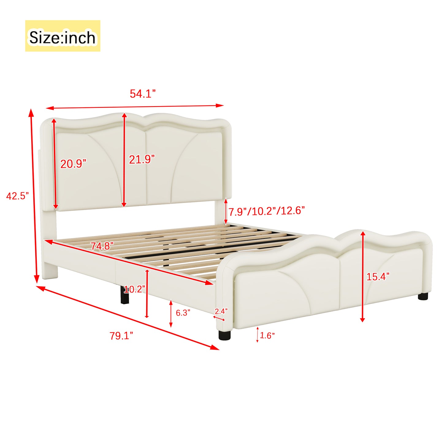 Full Size Upholstered Platform Bed with Curve Shaped and Height-adjustbale Headboard,LED Light Strips,White