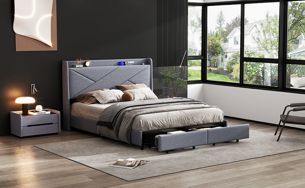 Queen Size Upholstery Platform Bed with Storage Headboard, LED, USB Charging and 2 Drawers, Gray