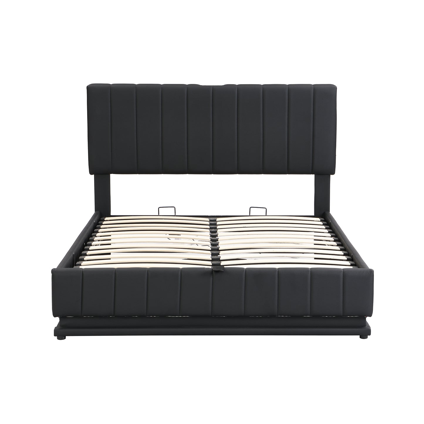 Full Size Upholstered Bed with Hydraulic Storage System and LED Light, Modern Platform Bed with Sockets and USB Ports, Black