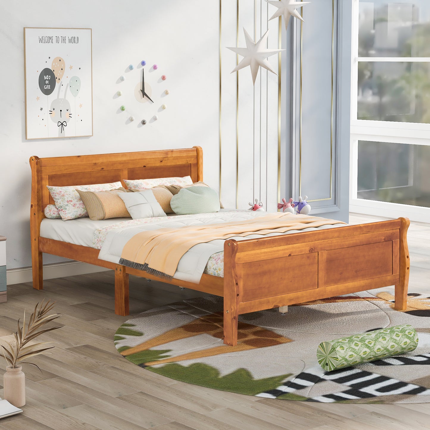 Cama con plataforma de madera de tamaño completo con cabecera y soporte de listones de madera (roble)