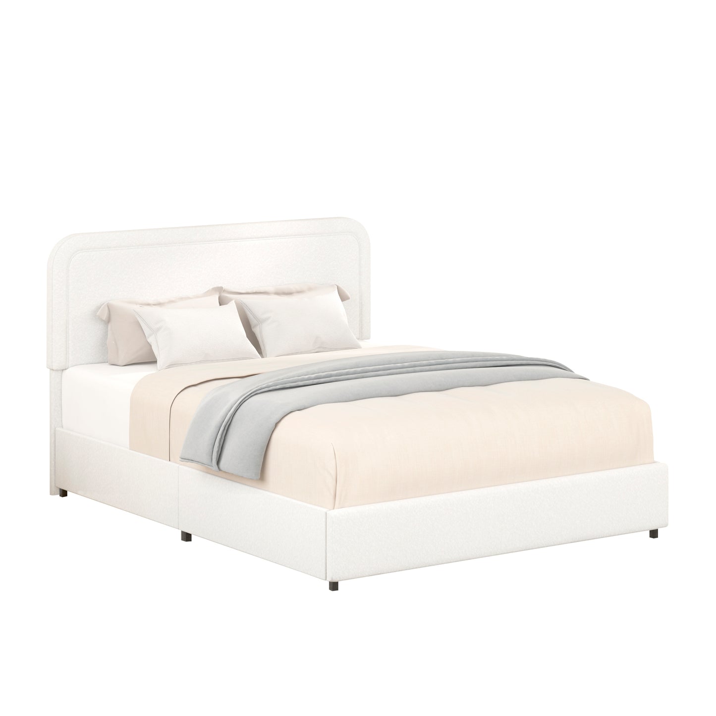 Identique au lit plateforme capitonné Queen Size Liv ivoire avec 4 tiroirs de rangement brevetés, tête de lit capitonnée incurvée et cousue, support de matelas à lattes en bois, pas besoin de sommier