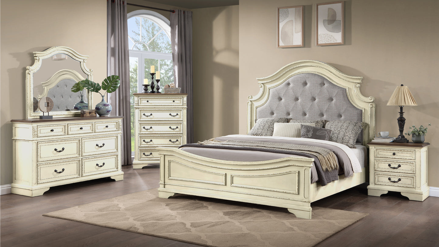 Ensemble de chambre à coucher king size de style traditionnel 5 pièces avec tête de lit capitonnée à boutons en bois beige antique