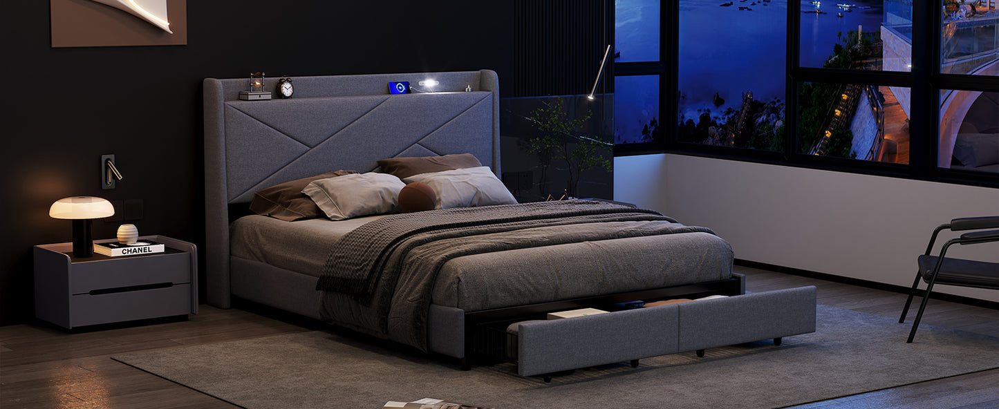 Queen Size Upholstery Platform Bed with Storage Headboard, LED, USB Charging and 2 Drawers, Gray