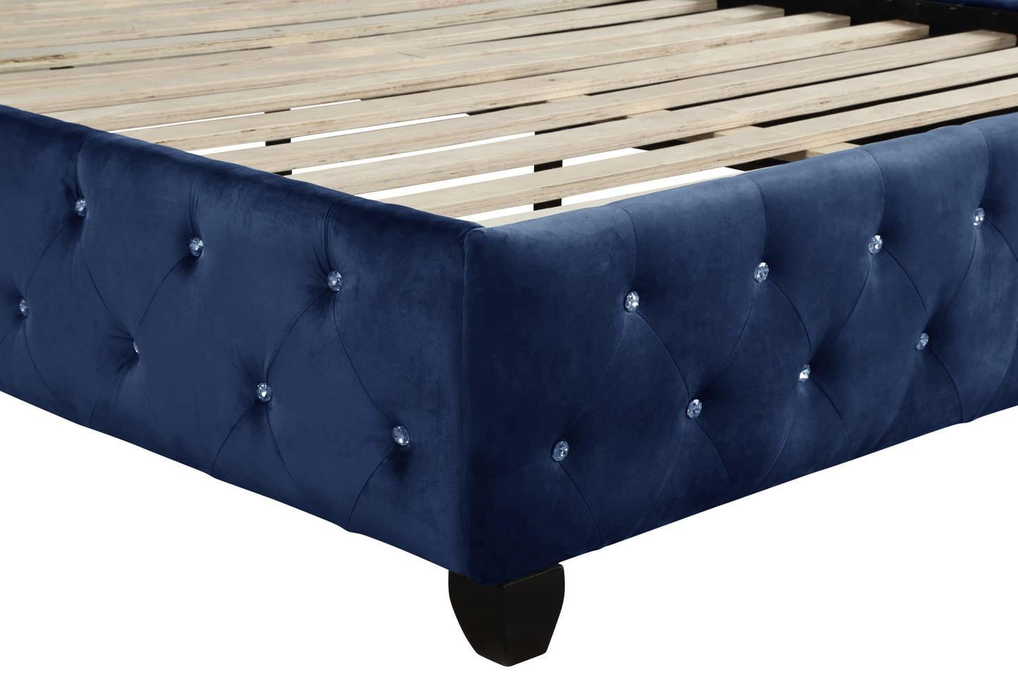 Modern Style Crystal Tufted Queen 4 Piece(Includes: Queen Size Bed, Nightstand, Vanity Set) Velvet Fabric Upholstery Vanity Bedroom Set Made with Wood in Blue