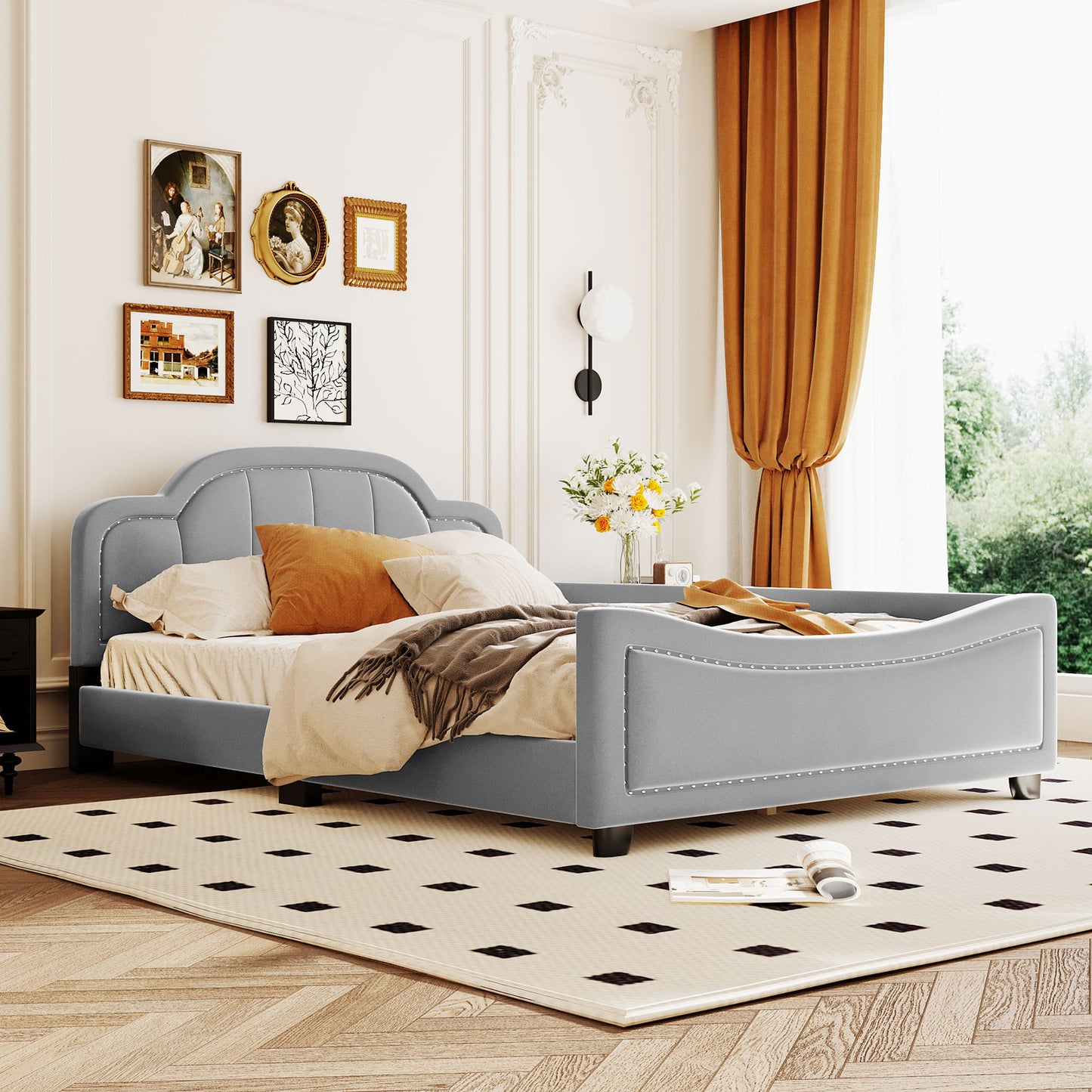 Sofá cama tapizado de tamaño completo con cabecera en forma de nube, elegante diseño de clavos de cobre integrados, gris