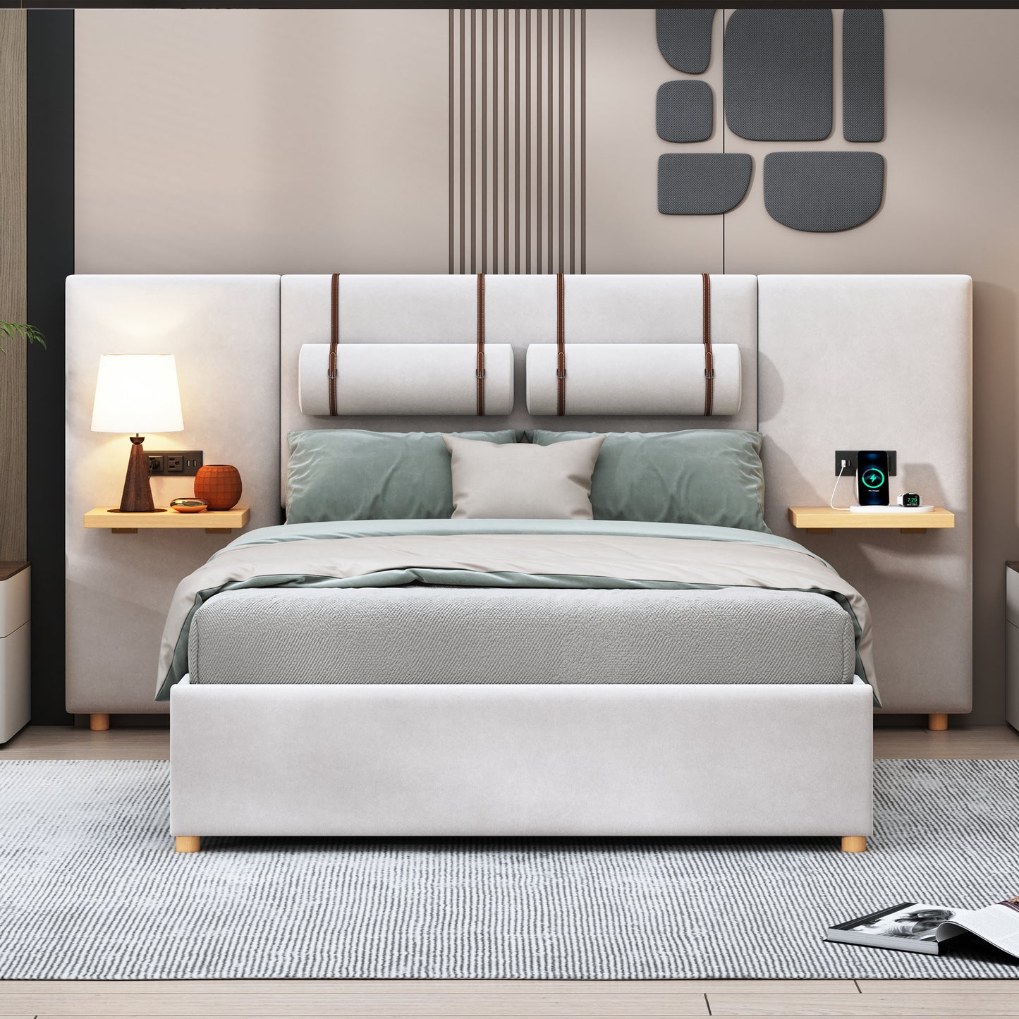 Full Size Upholstered Platform Bed, Two Outlets and USB Charging Ports on Both Sides, Two Bedside Pillows, Storage Shelves,Velvet,Beige