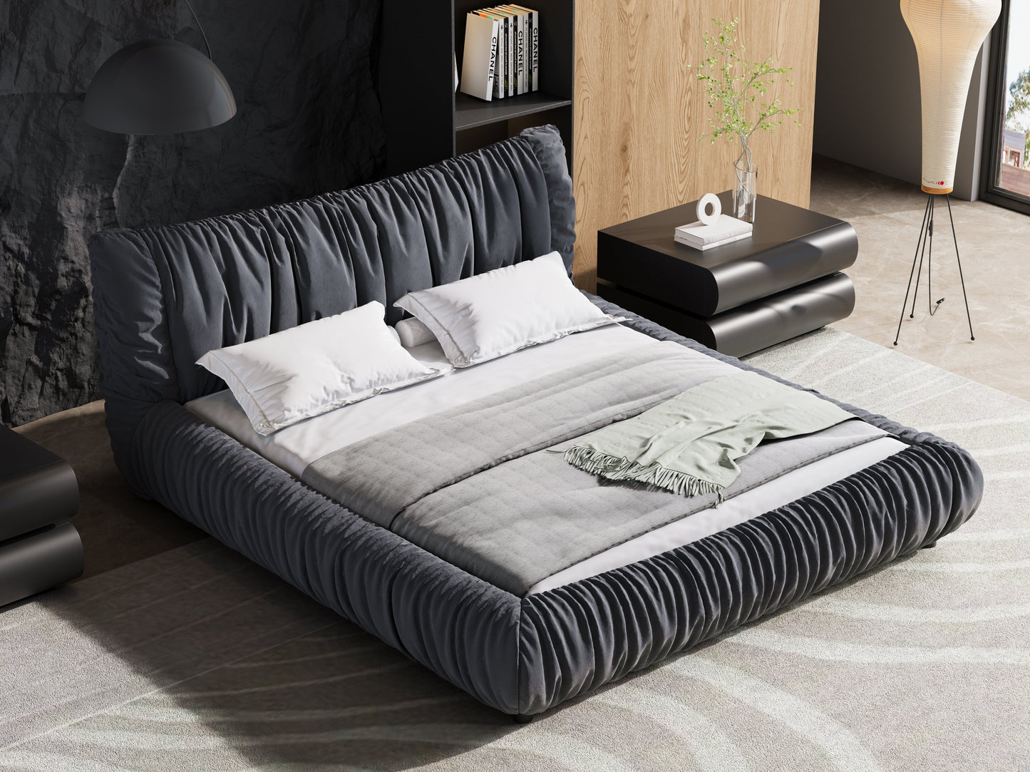 King Size Luxury Upholstered Platform Bed with Removable Cushion and Solid Wood Frame,suitable for Multiple heights of mattresses,DARK GREY
