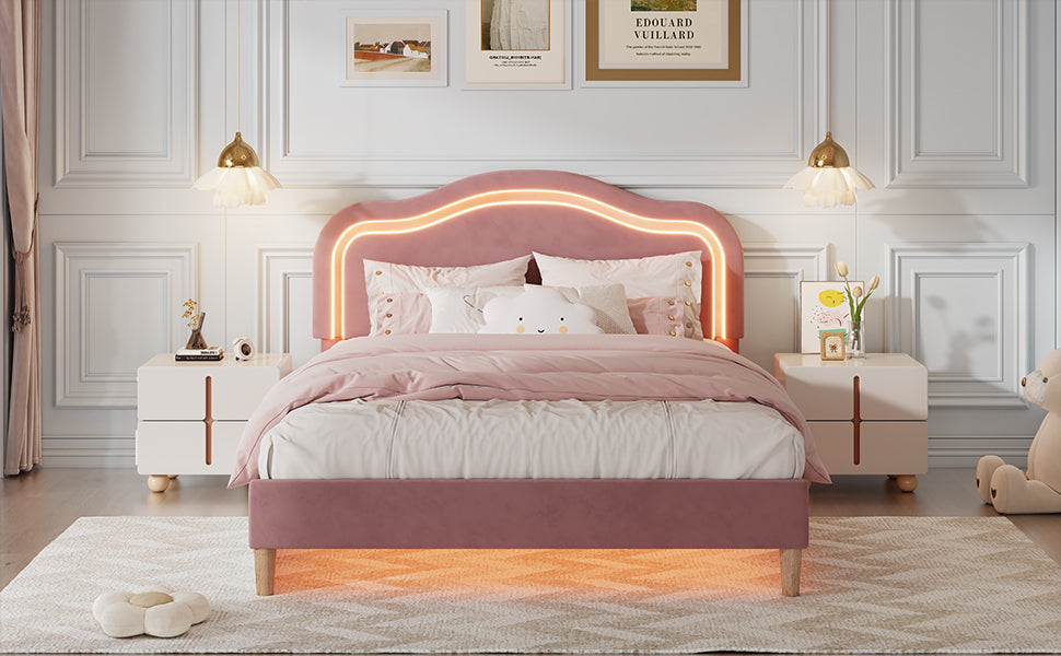 Full Size Velvet Upholstered Smart LED Bed Frame with Adjustable Height Headboard,No Box Spring Needed,Easy Assembly,Pink