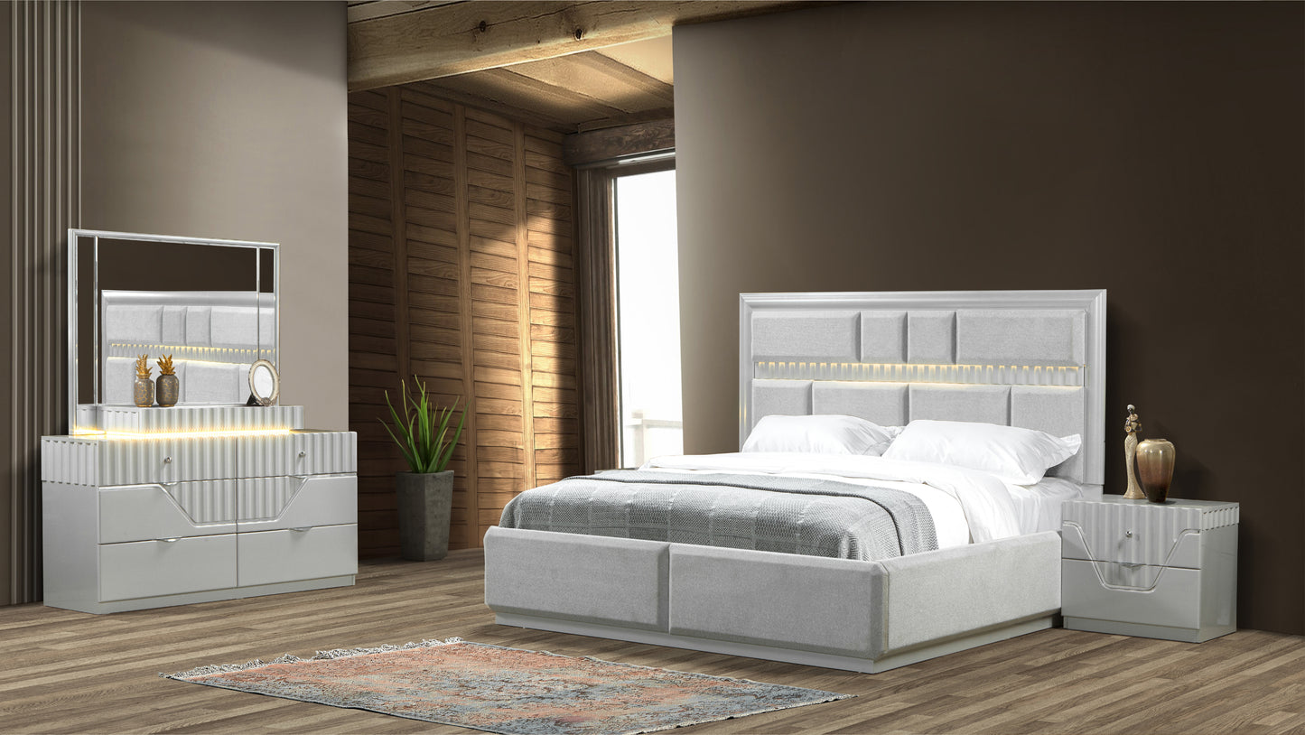 Juego de dormitorio de estilo moderno de 4 piezas con cama tamaño king, fabricado con madera en color gris