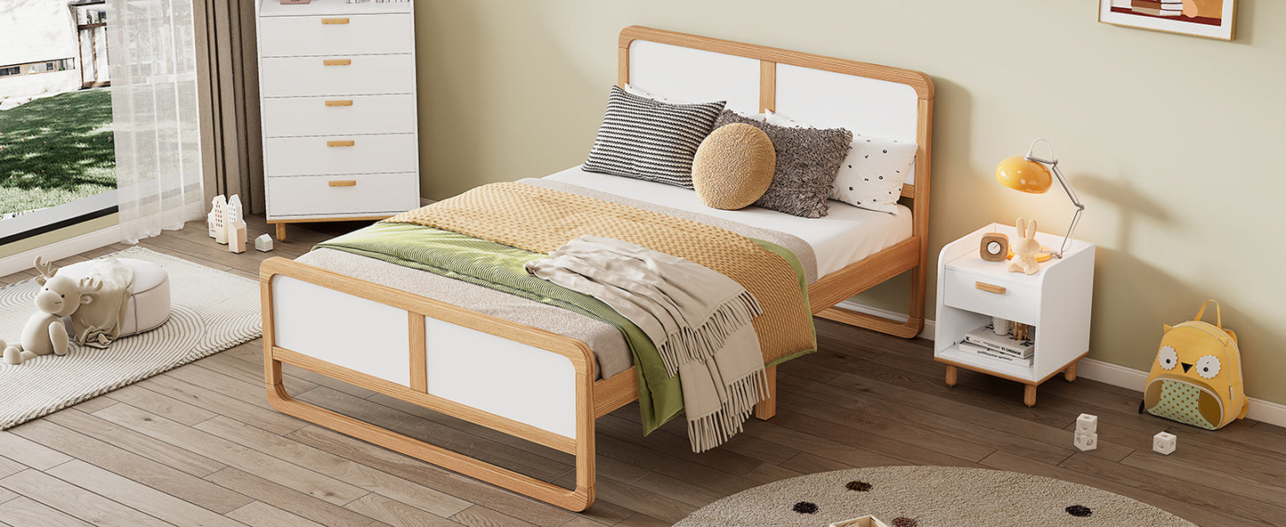 Modern Style Full Size Solid Wood Platform Bed for  Kids, Teens, Adults, No Need Box Spring, Walnut and White