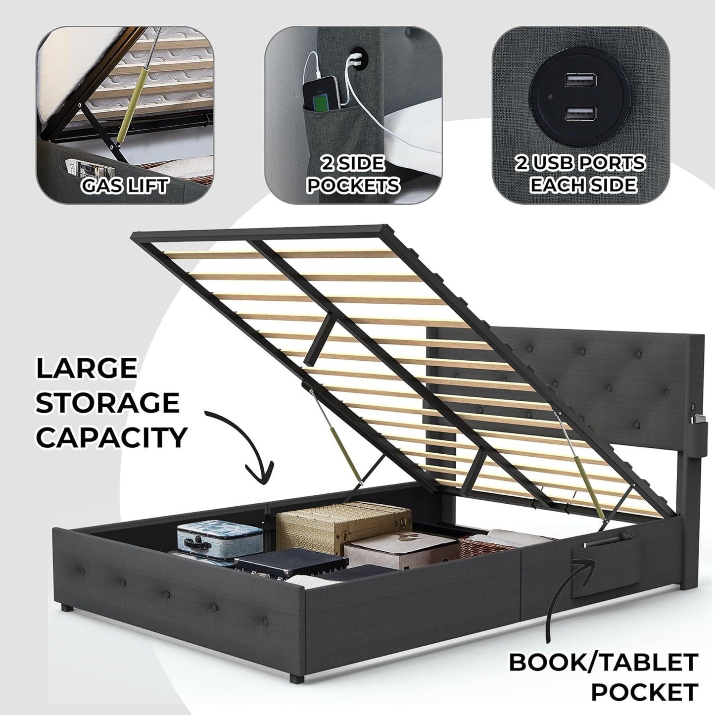 Full Size Bed Frame with Gas Lift Storage Bed with Modern Wingback Headboard, USB Ports