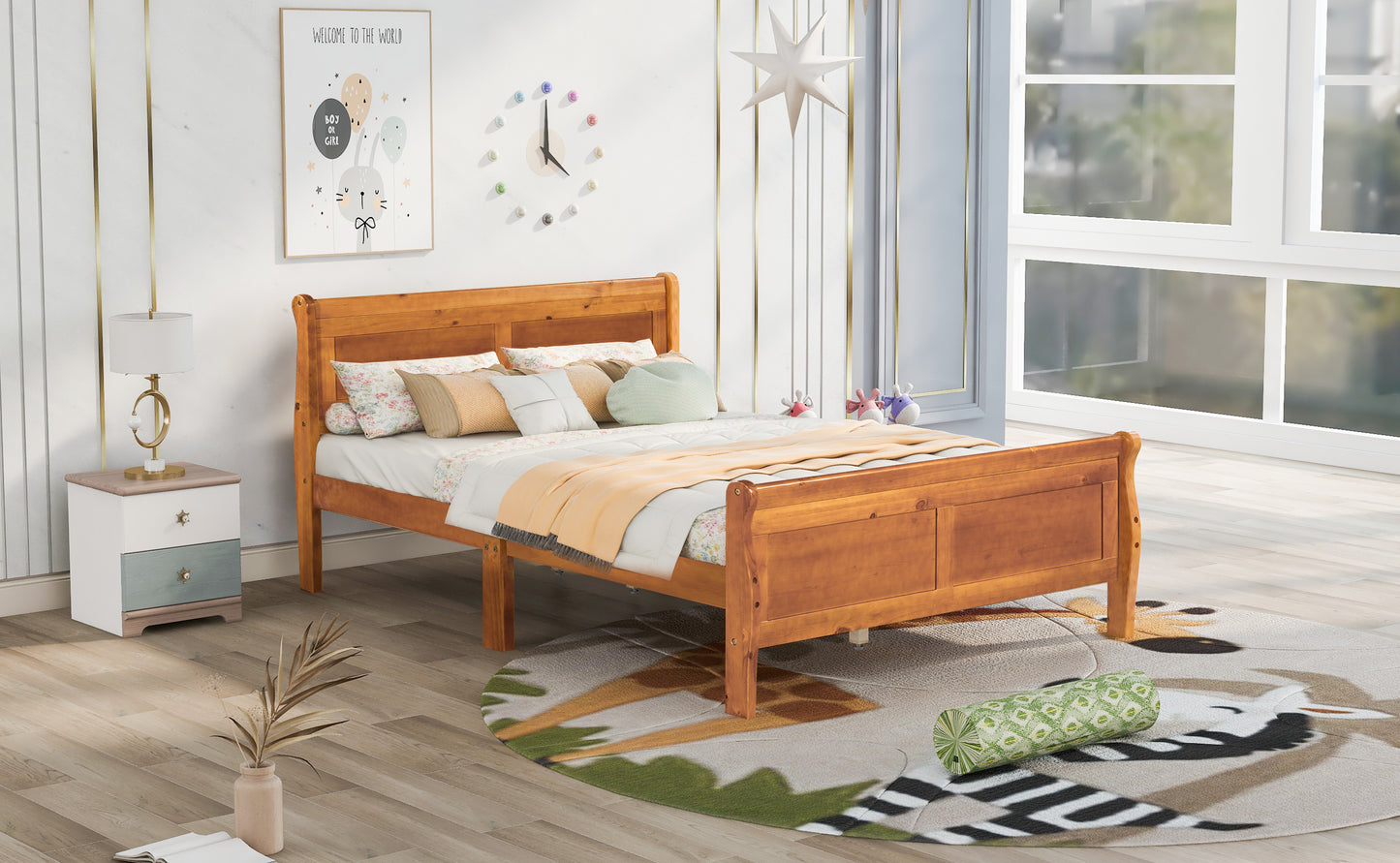 Cama con plataforma de madera de tamaño completo con cabecera y soporte de listones de madera (roble)