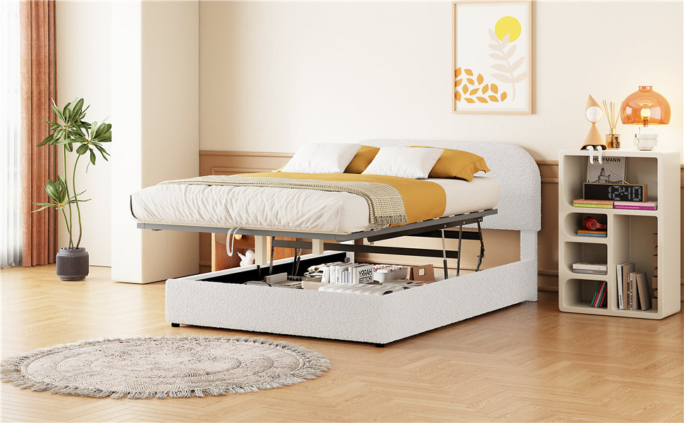 Teddy Fleece Full  Size Upholstered Platform Bed with Hydraulic Storage System, White