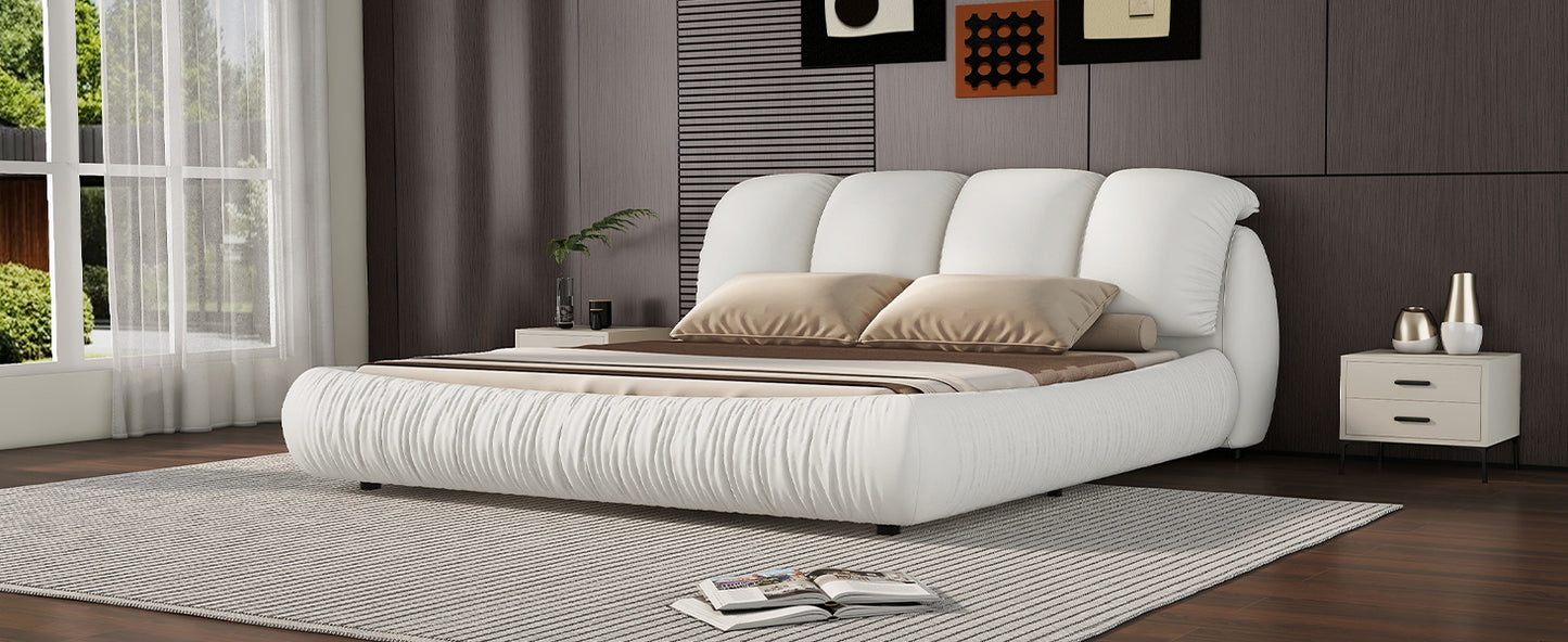 Queen Size Luxury Upholstered Bed With Thick Headboard, Leather Queen Bed with Oversized Padded Backrest, White(Expect Arrival Date 2024/3/27)