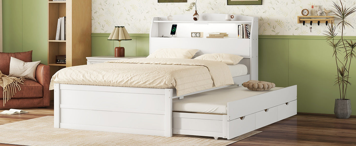 Full Size Wooden LED Platform Bed with Trundle, with Storage Headboard, with Drawers, White