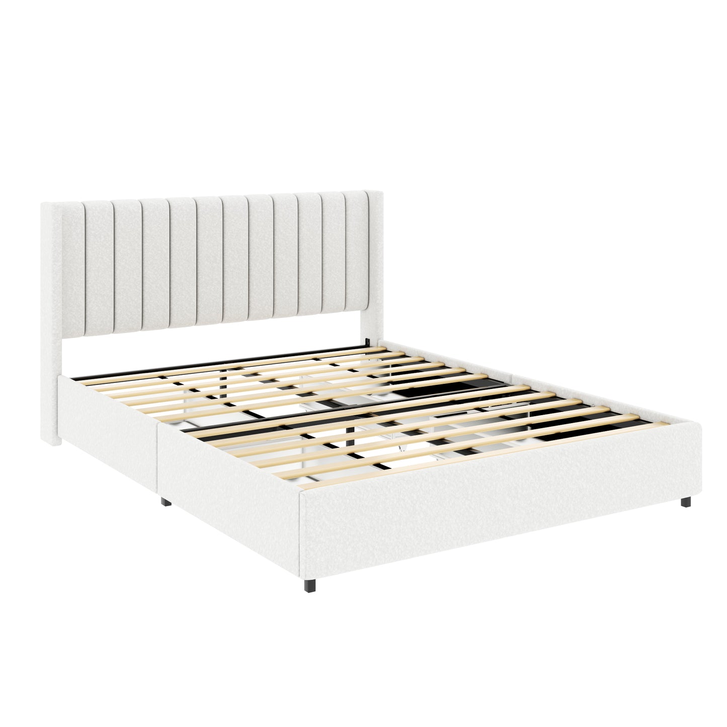 Igual que B083119691 Cama Queen Size Anda tapizada en bouclé color marfil con 4 cajones de almacenamiento patentados, cabecera con mechones, soporte de colchón con listones de madera, no necesita somier