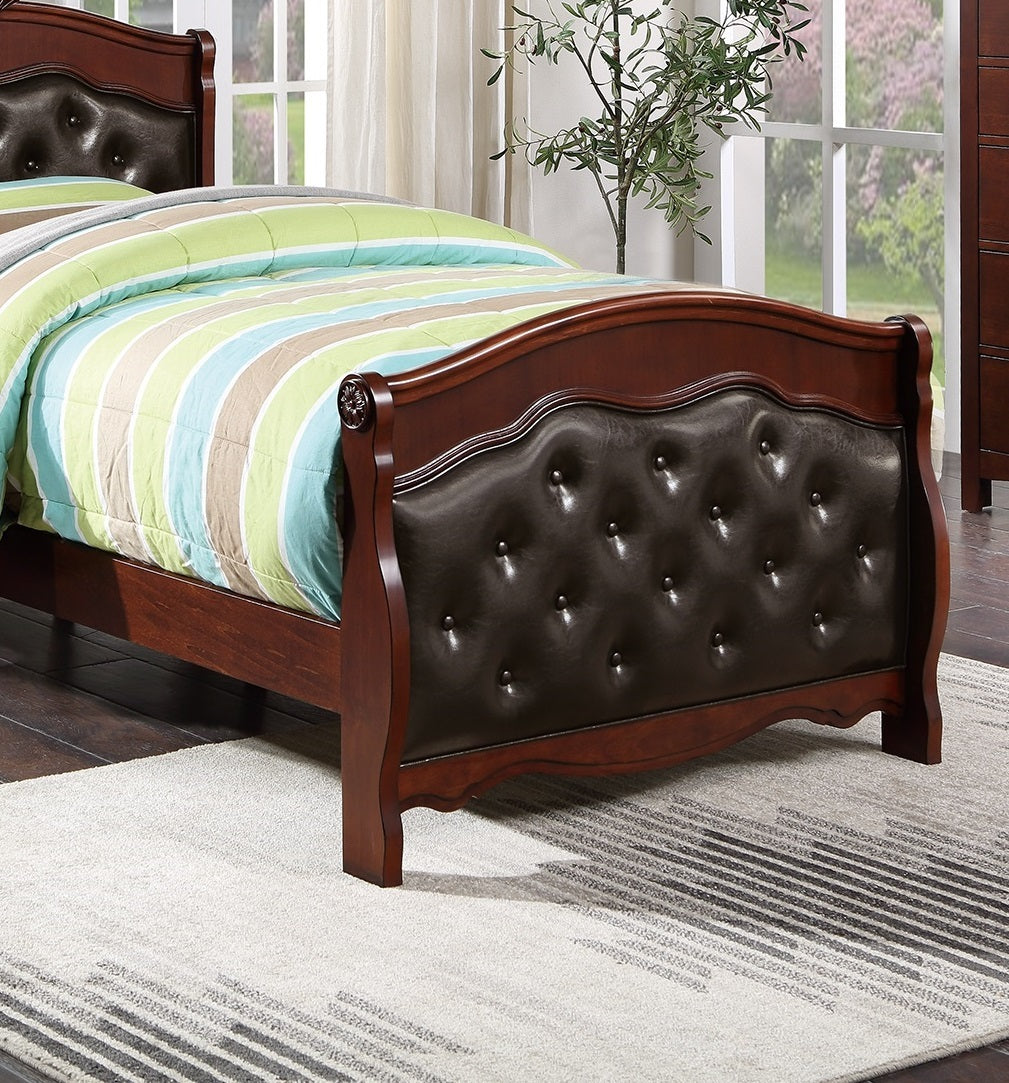 Dark Cherry Twin Size Bed Youth Bedroom Furniture Espresso Faux Leather Headboard Footboard Plywood 1pc Bedframe