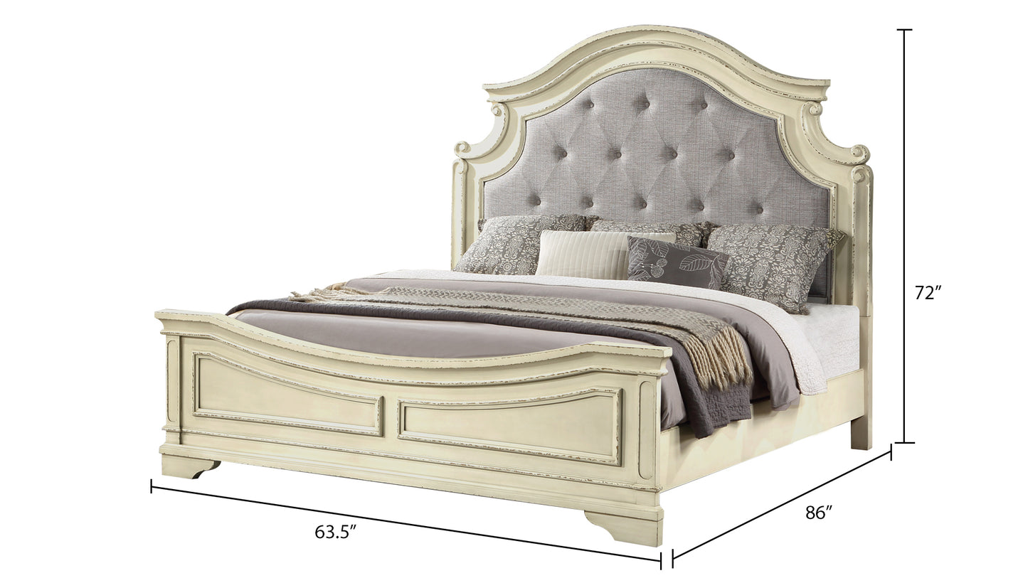 Ensemble de chambre à coucher Queen de style traditionnel 5 pièces avec tête de lit capitonnée à boutons en bois beige antique