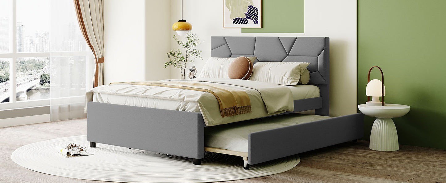 Full Size Upholstered Platform Bed with Brick Pattern Headboard and Twin Size Trundle, Linen Fabric, Gray