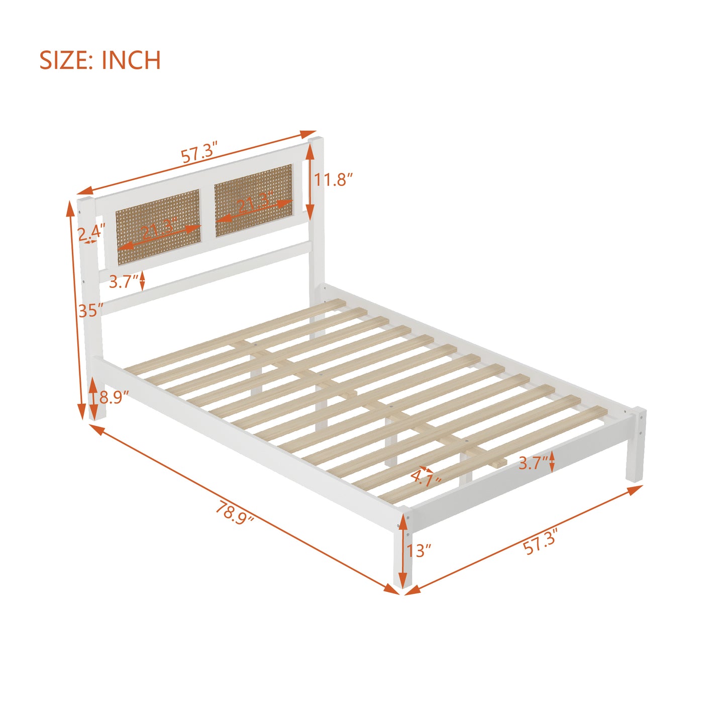 3-Pieces Bedroom Sets Full Size Wooden Platform Bed with Natural Rattan Headboard, Nightstands Set of 2 with Rattan-Woven Surfaces and Three Drawers for Bedroom, White