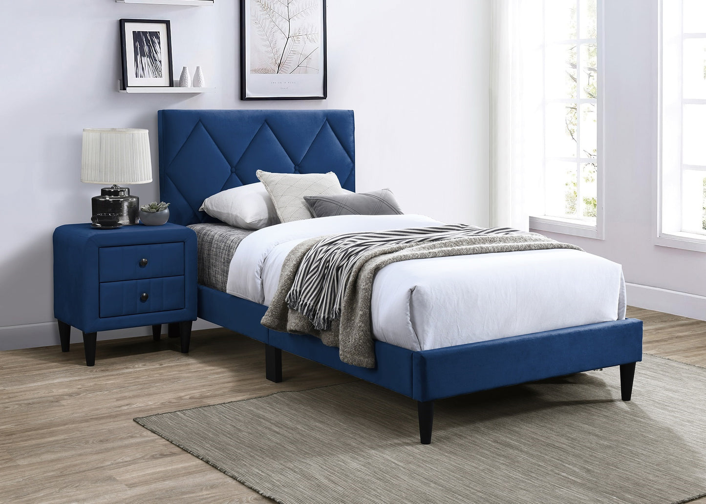 Full Size Bed w Adjustable Headboard 1pc Bedframe, Navy Blue Velvet Upholstered Youth Bedroom Furniture