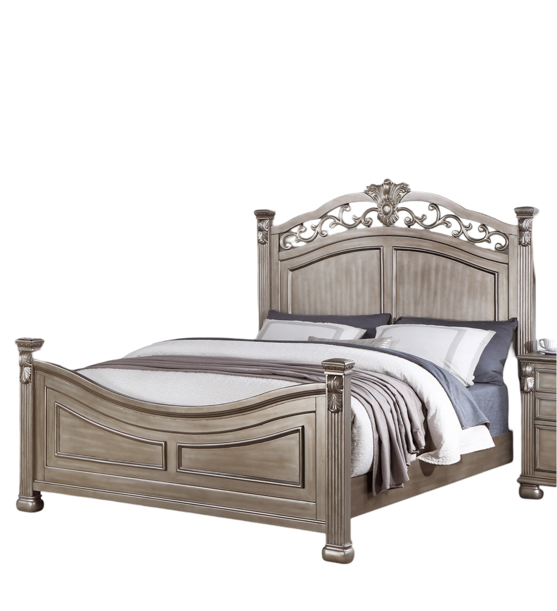 Formal Traditional Antique Silver 1pc Queen Size Bed Unique Design Headboard Footboard Bedframe