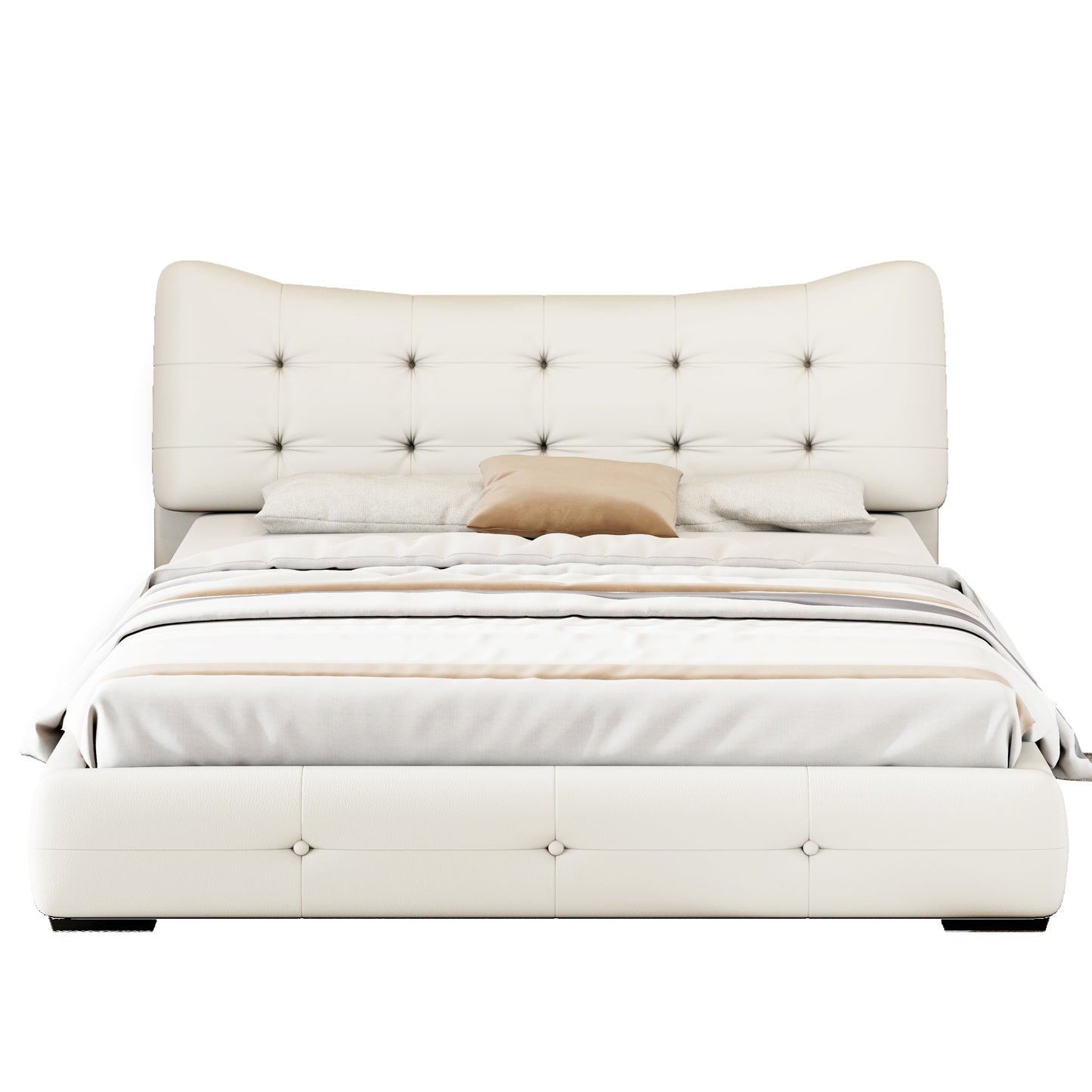 Modern PU Upholstered Queen Bed with Ergonomic Wingback Headboard, No Box Spring Needed, Cream