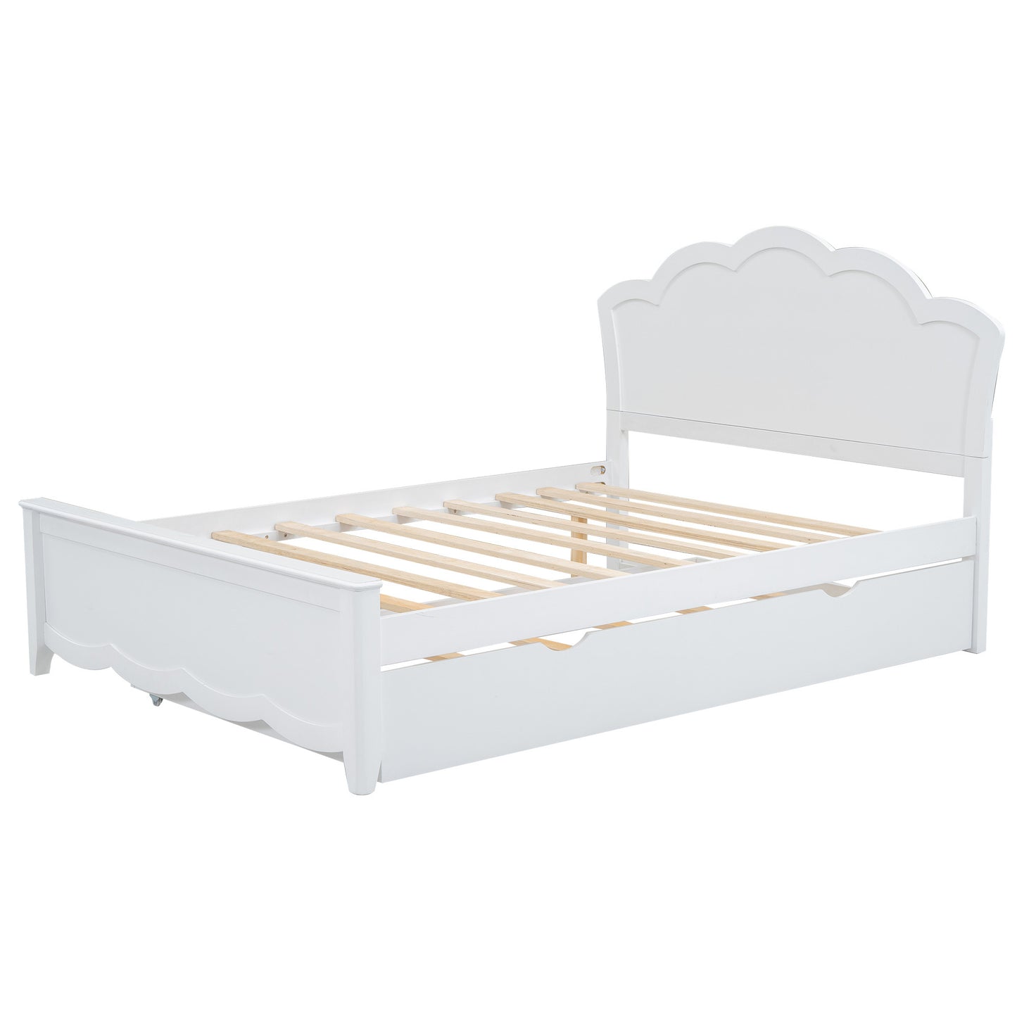 Full Size Wood Platform Bed with Headboard and Twin Size Trundle, White