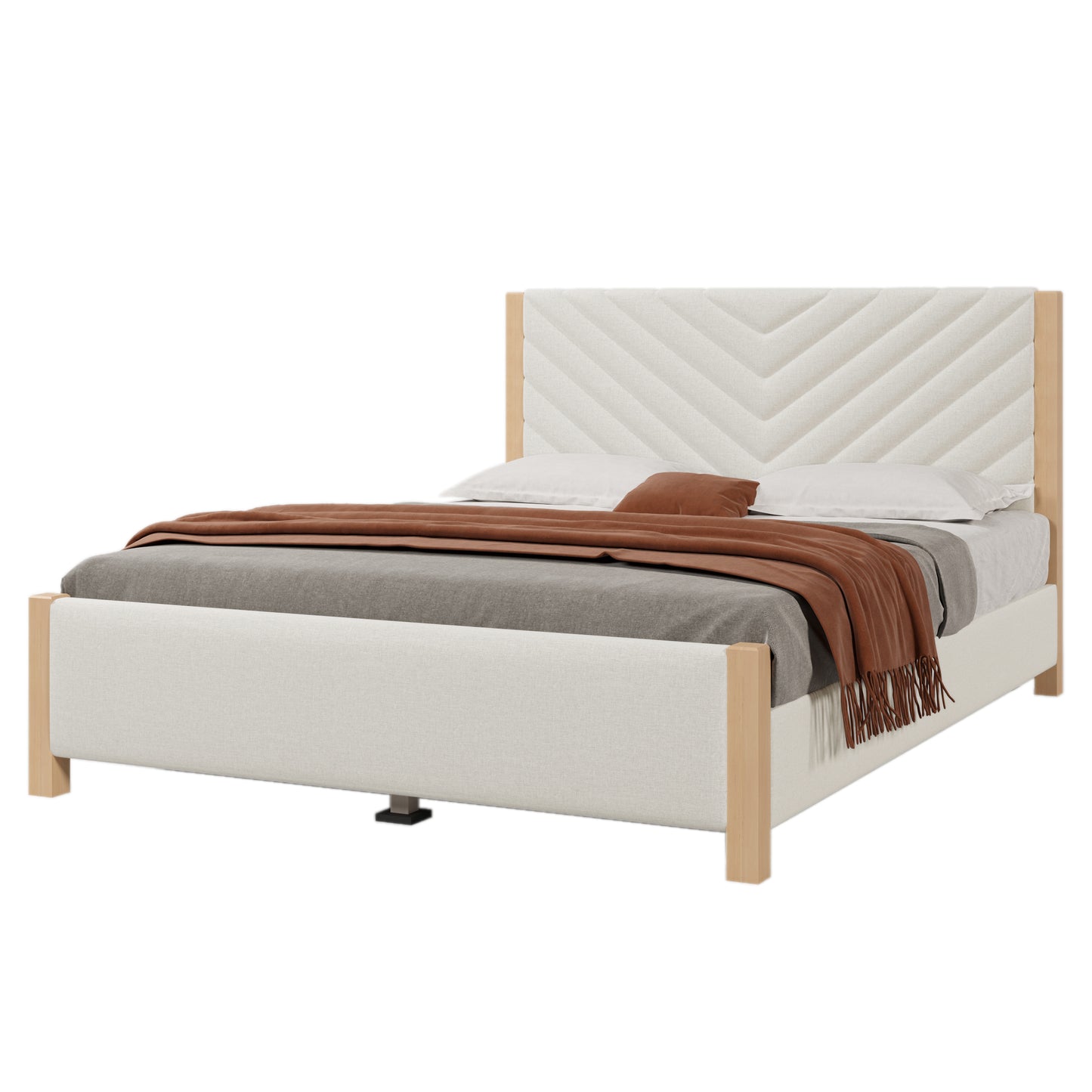 Modern Mid-Century Queen Upholstered Platform Bed Frame with Tufted Headboard and Solid Wood Legs,No Box Spring Needed,Beige