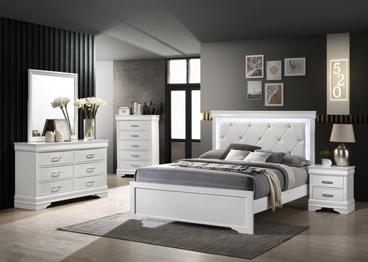 Twin 5 Pc Tufted Upholstery LED Bedroom set made with Wood in White