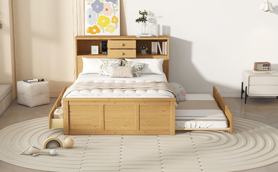 Full Size Wood Pltaform Bed with Twin Size Trundle, 3 Drawers, Upper Shelves and a set of USB Ports & Sockets, Natural