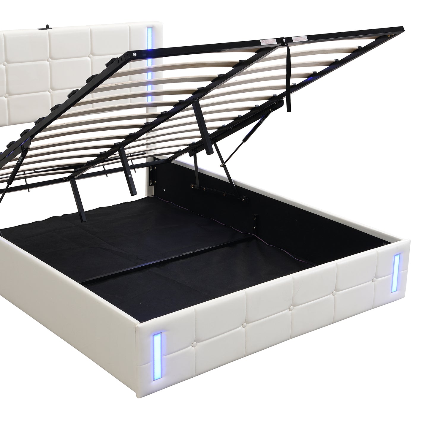 Full Size Upholstered Bed with LED Lights,Hydraulic Storage System and USB Charging Station,White