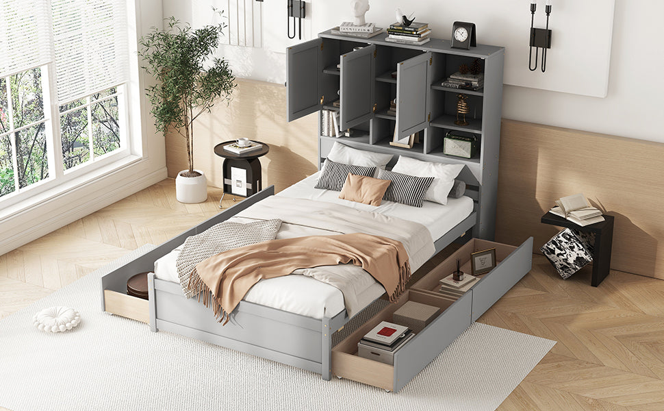 Full Size Platform Bed with Storage Headboard and 4 Drawers, Gray